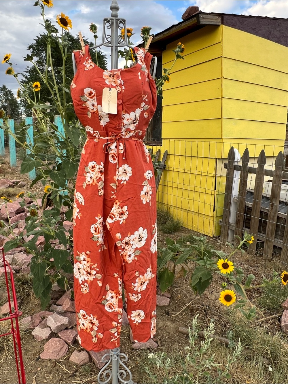 Floral Smocked Jumpsuit With pockets - Rust Red flowers